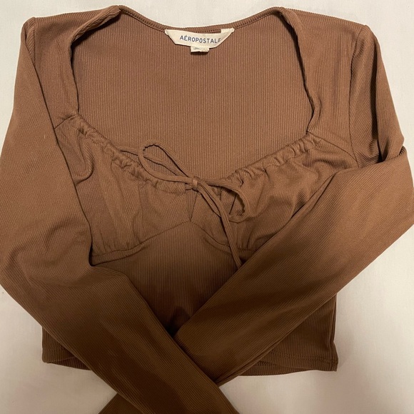 Aeropostale Brown Cropped Long Sleeve Top with Tie Detail - Picture 1 of 3